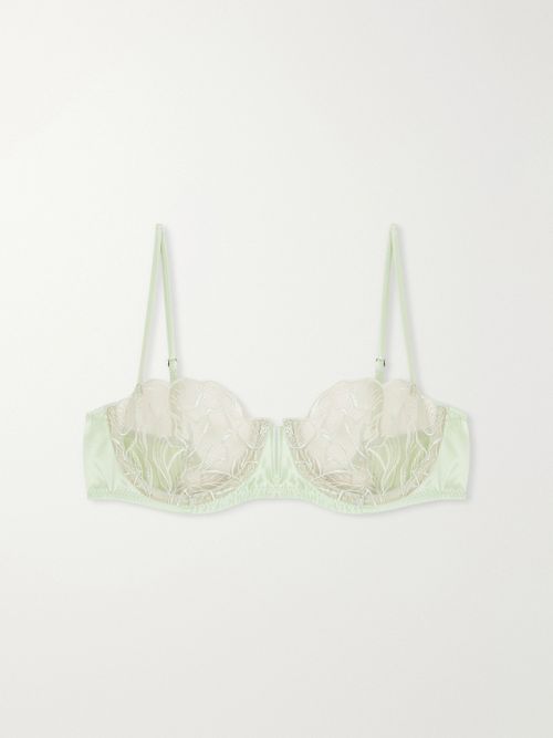 Calla Lily Floral-embroidered Mesh And Satin Balconette Bra - Green