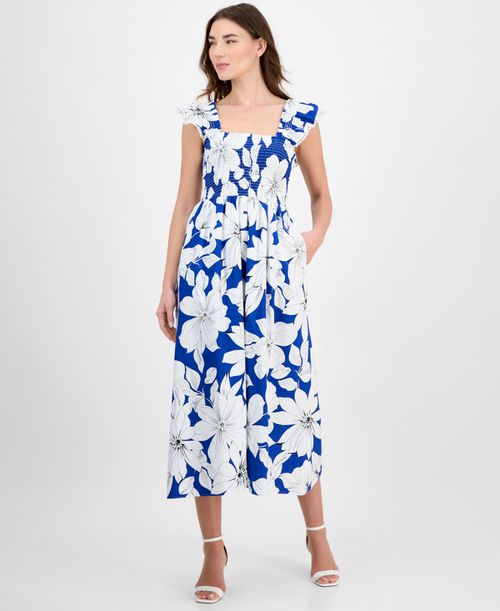 Women's Smocked Ruffled-Strap Midi Dress - Palace Blue Multi