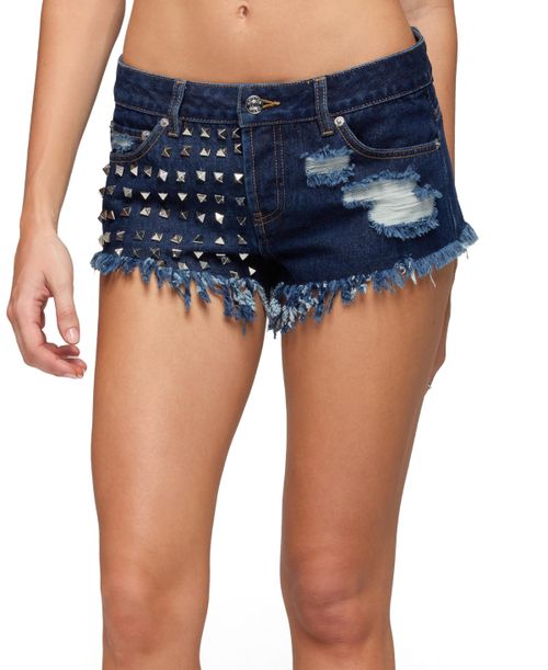 Women's Studded and Distressed Low Rise Denim Shorts - Dark-blue-washed
