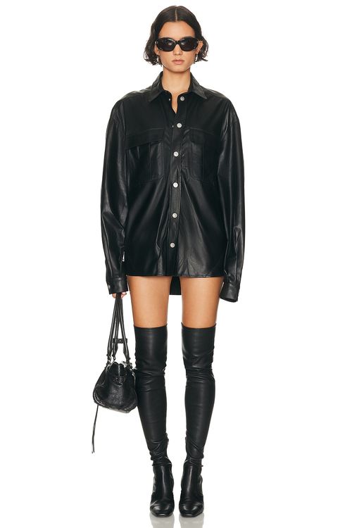 EZR Oversize Pocket Long Sleeve Leather Dress in Black - Black. XS also in
