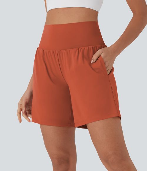 "Softlyzero™ Airy Super High Waisted 2-in-1 Cool Touch Yoga Shorts 7"" with Pockets Gym Short - Orange Rust