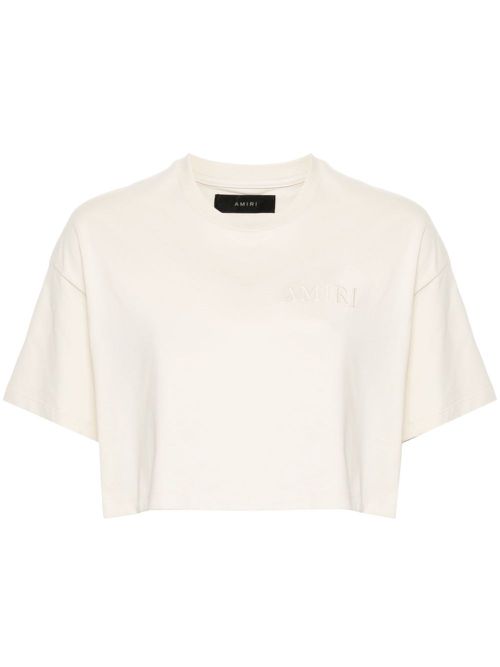 Embroidered-logo cropped T-shirt - Neutrals