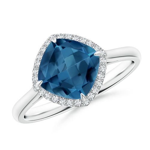 Angara 2.5 Carats Claw-Set Cushion London Blue Topaz Cocktail Halo Ring in Platinum