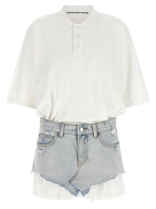 Hybrid Polo Shirt and Denim Skirt Dress — White