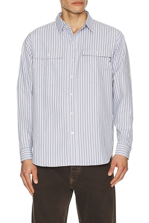 Metalwood Studio Seersucker Fishing Shirt in Sky - Blue. M also in L, S, XL/1X