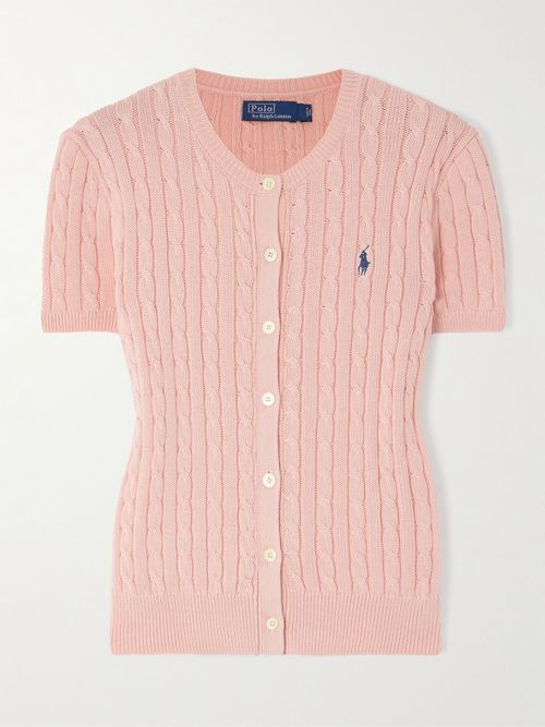 Embroidered Cable-knit Cotton Cardigan - Pink