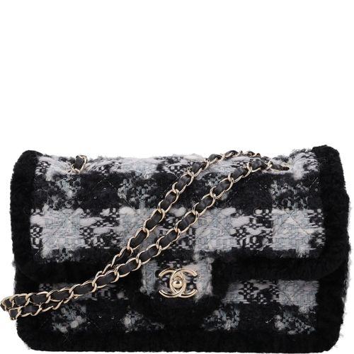 Tweed and Shearling Flap Bag — Black, White and Gray