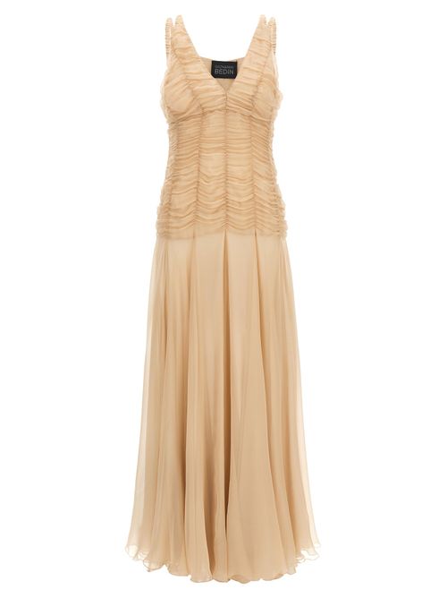 Silk Chiffon Smocked Dress — Beige