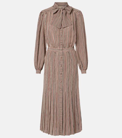 Striped tie-neck silk midi dress