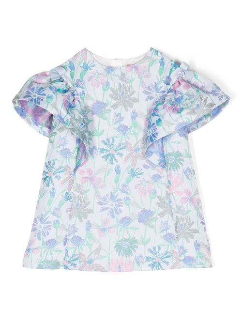 Ruffle-detail floral-print mini dress - Blue
