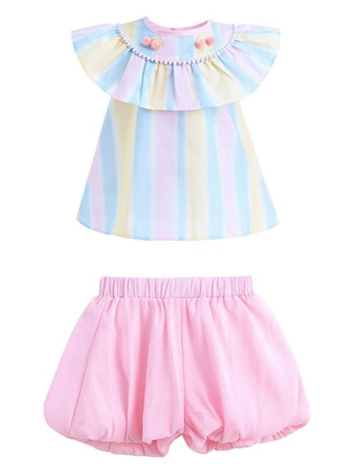 Rainbow striped top and shorts set - Pink