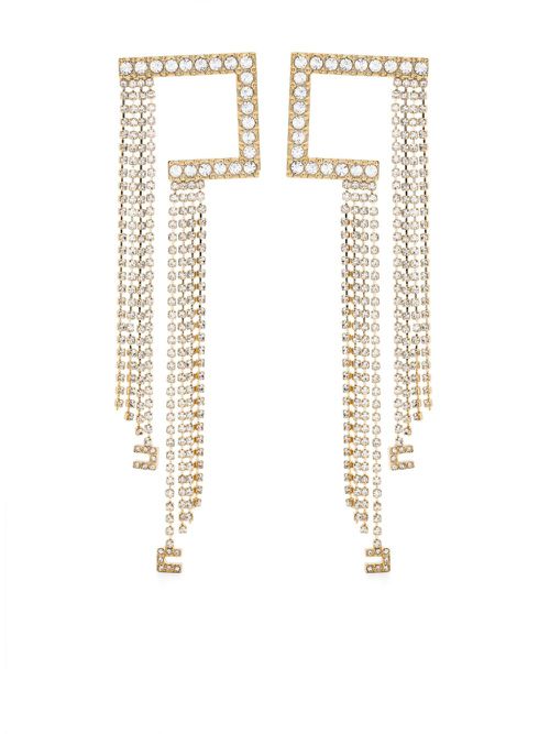 Crystal-fringe dangle earrings - Gold