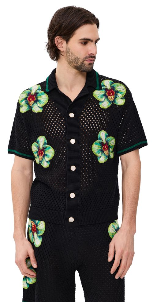Glitch Orchid Embroidered Crochet Shirt Black