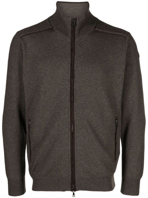 Suede-trim ribbed-knit cardigan - Brown