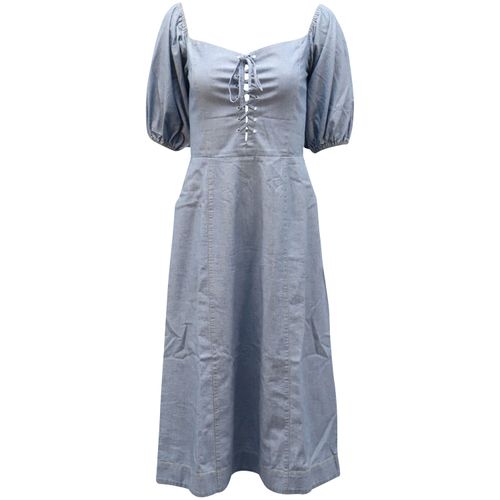 Puffy Sleeve Shirred Dress in Light Blue Cotton