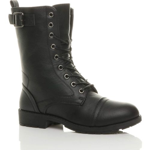Low  Heel Lace Up Buckles Military Biker Faux Leather Ankle Boots