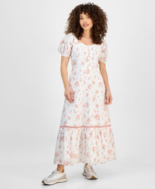 Petite Floral Puff-Sleeve Corset Maxi Dress, Exclusively at Macy's - Pink/white Floral