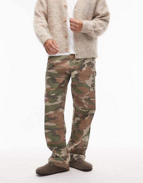 Drill chore carpenter loose fit trousers in washed green camo