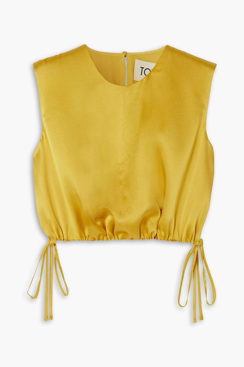 Cecily cropped gathered silk-satin top - Yellow - FR 40