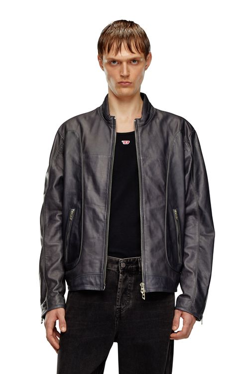 Leather biker jacket with piping - Leather jackets - Man - Black