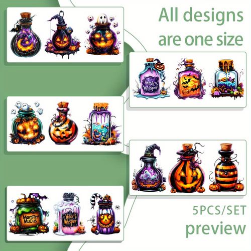 TEMU 5pcs Halloween Diy Tumbler Wraps - Spooky , Pumpkin, Bat, & Cauldron Vinyl, Self-adhesive Uv Dtf Transfer Paper For Cups, Bottles, Party Decor