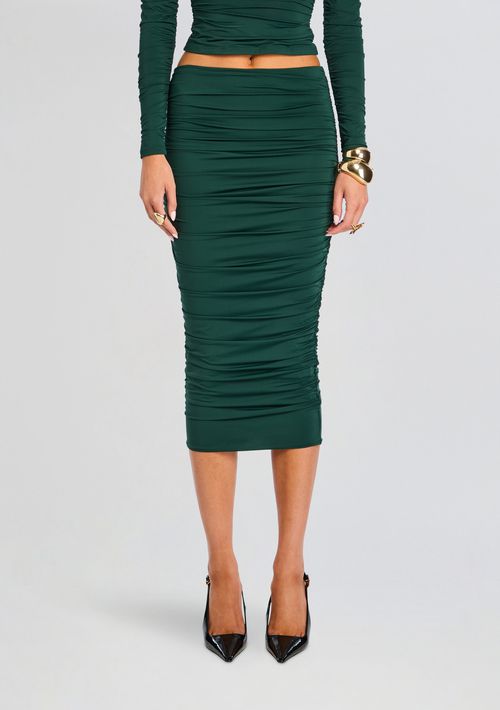 Darcy Mid Rise Ruched Midi Skirt