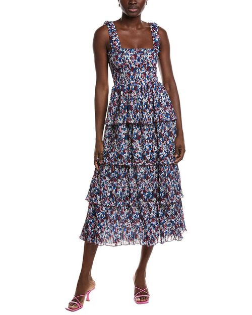 Pleated Georgette Flounce Smock Midi Dress