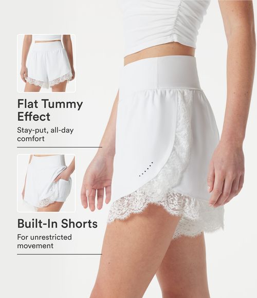 Softlyzero™ Airy High Waisted Tummy Control Lace Hem 2-in-1 Cool Touch Running Shorts 3'' with Pockets-UPF50+ Gym Short - White