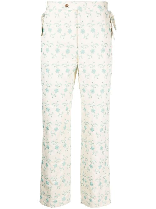 Floral-embroidery straight-leg trousers - Neutrals