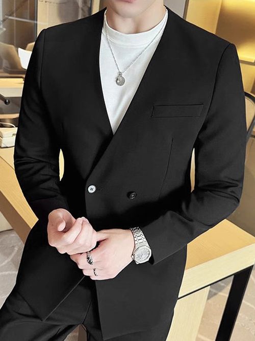 Mens Solid Color V-Neck Fitted Long Sleeve Blazer SKUK79216 - Black / S