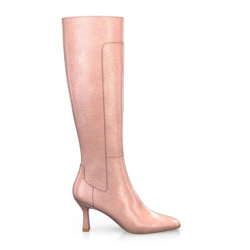 Bottes à bout carré et talon haut Femme Faites main en Italie en Cuir Rose Poudré Métallisé - Sur Mesure, Haut, Zip - GIROTTI
