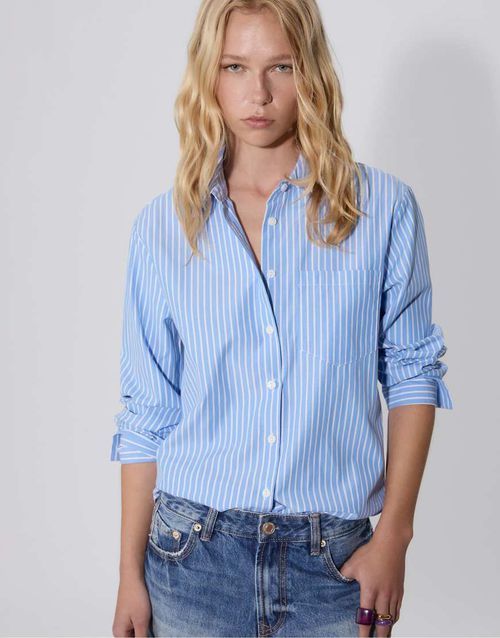 Basic striped poplin shirt with pocket in denim blue