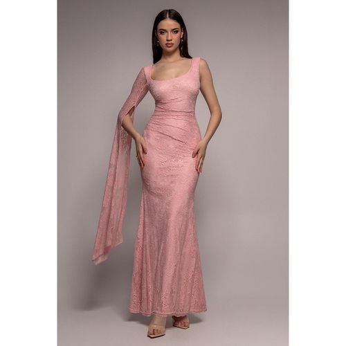 Goddiva One Shoulder Cape Sleeve Pleated Lace Maxi Dress - Blush Pink