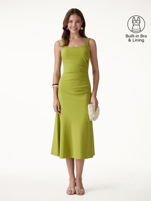 Square Neck Tucked Open Back Bra Dress - Deep Chartreuse Green