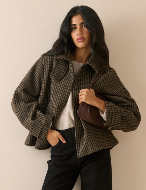 Brown Check Funnel Neck Relaxed Fit Wool-Blend Coat