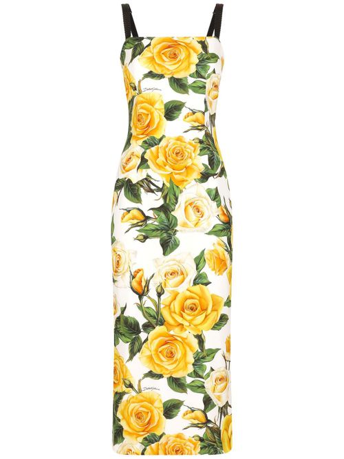 Rose-print silk-blend midi dress - White