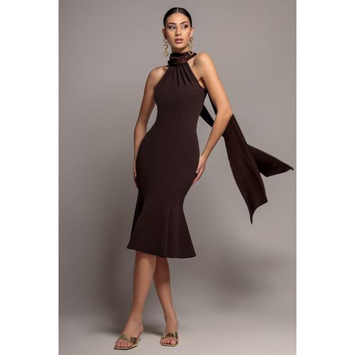 Goddiva Scuba & Soft Satin Halterneck Midi Dress With Back Sash - Brown