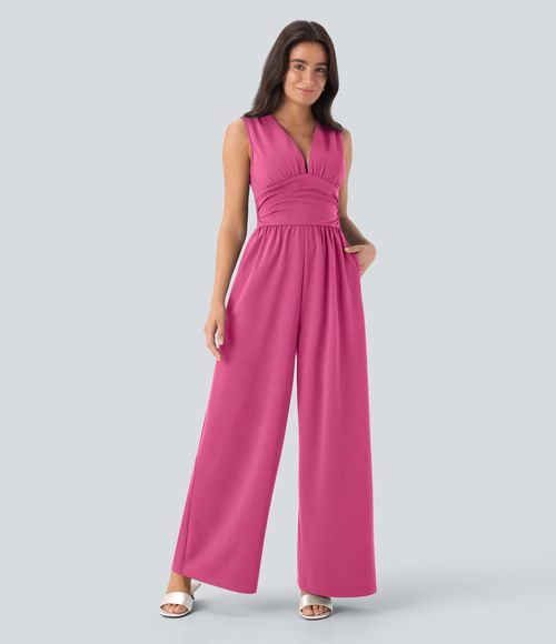 V Neck Sleeveless Ruched Pocket Jumpsuit-Easy Peezy  - Fandango Pink