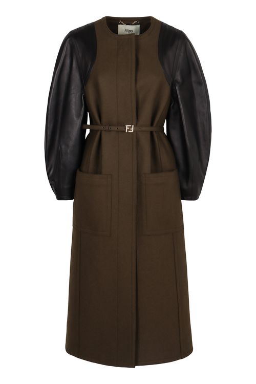 Felt Wool Cocoon Jacket with Leather-Sleeve Belted Waist