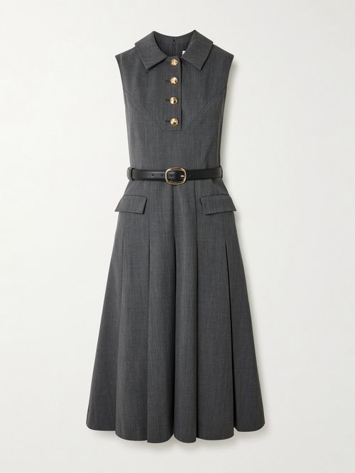 Belted Pleated Leather-trimmed Wool-blend Midi Dress - Gray