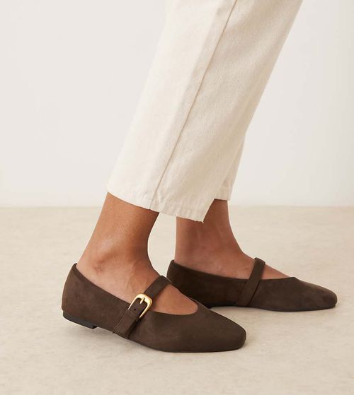 Wide Fit Leah mary jane ballet flats in chocolate suedette-Brown