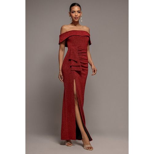 Goddiva Sparkle Bardot Maxi With Waterfall Ruffle - Red