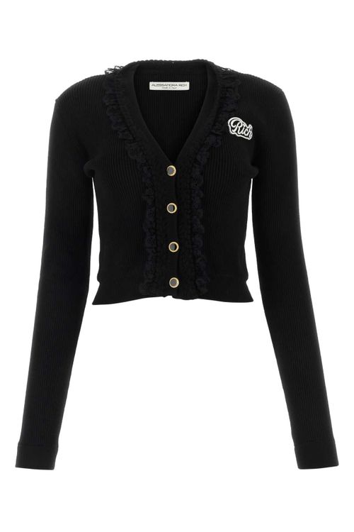 Lace-Trimmed Ribbed Knit Cardigan — Black