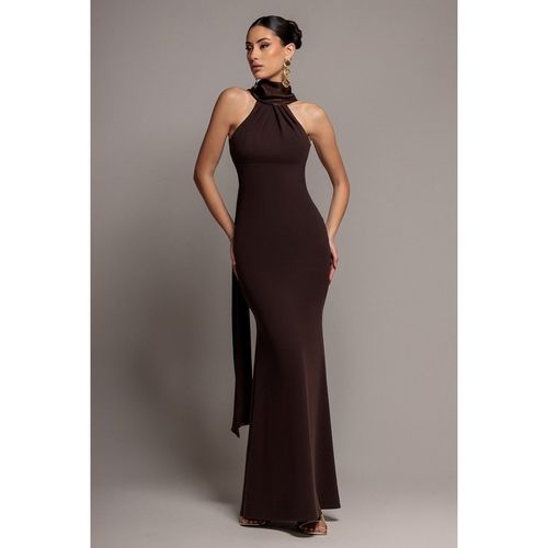 Goddiva Scuba & Soft Satin Halterneck Maxi Dress With Back Sash - Brown