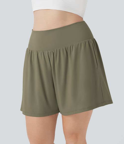 "SoftlyZero™ Airy Super High Waisted 2-in-1 Cool Touch Yoga Plus Size Shorts 7"" with Pockets Gym Short - Withered Green