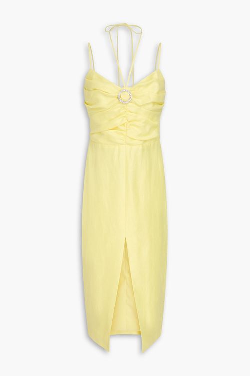 Crystal-embellished linen-blend midi dress - Yellow - FR 40