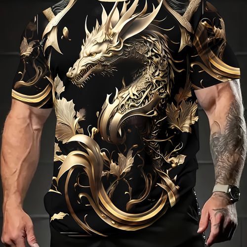 TEMU Men's 3d Print T-shirt - Stylish Casual Short Sleeve Crew Neck Top, Black With Golden & White Dragon Design, Regular Fit For Summer Outdoor