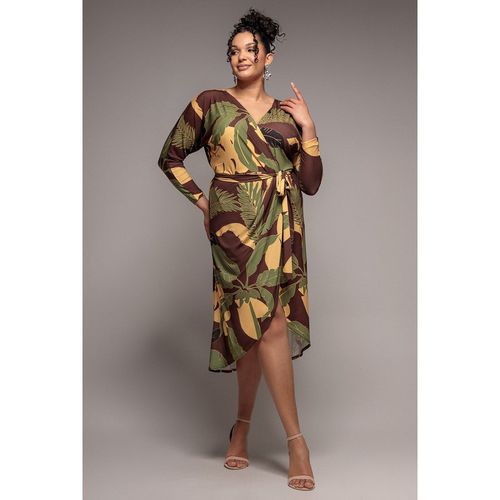 Goddiva Plus Printed Batwing Wrap Midi Dress - Brown