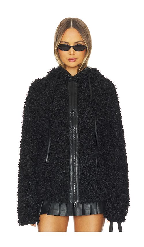 Norma Kamali Oversized Raglan Sleeve Zip Front Hooded Jacket in Black. M. Also in