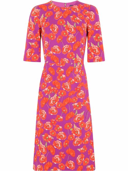 Poppy-print three-quarter sleeve dress - Purple